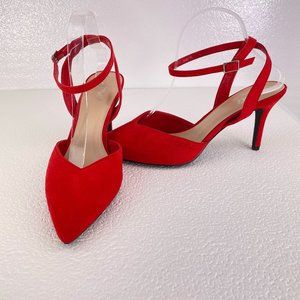 Red faux microsuede pointed toe ankle wrap heels - SZ 9